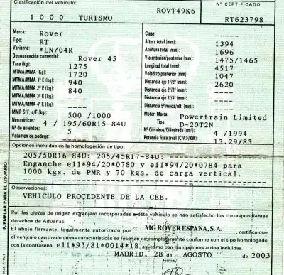 Veículo de Sucata mg serie 45 (rt) 2.0 td do ano 2003 alimentado 20t2n