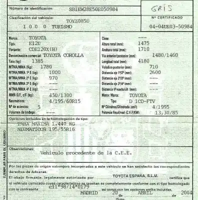 Veículo de Sucata toyota corolla (_e12_) 2.0 d-4d (cde120r_ cde120l_) do ano 2004 alimentado 1cdftv