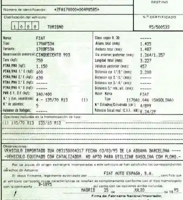 Veicolo di demolizione fiat cinquecento (170) 0.9 i.e. dell'anno 1995 alimentato 1170a1.046