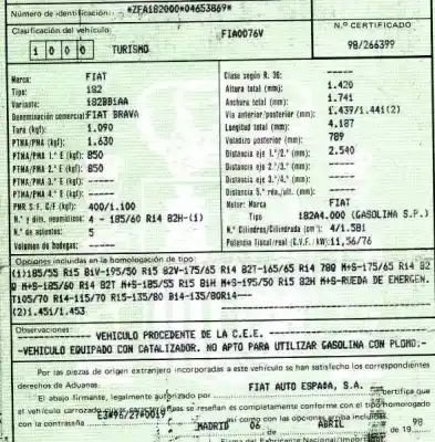 Veículo de Sucata fiat brava (182) 1.6 16v cat do ano 1998 alimentado 182a4000