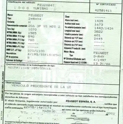 Veículo de Sucata peugeot 206 berlina xs do ano 2002 alimentado rhy
