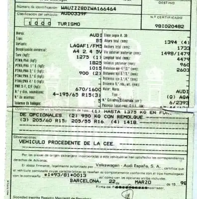 Scrapping Vehicle audi a4 berlina (b5) 2.4 of the year 1998 powered aga