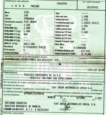 Sloopvoertuig fiat bravo (198) 1.9 16v dynamic multijet van het jaar 2010 aangedreven 192a8000