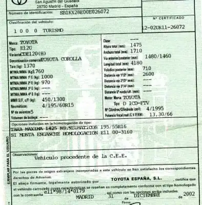 Veicolo di demolizione toyota corolla (_e12_) 2.0 d-4d (cde120_) dell'anno 2002 alimentato 1cdftv