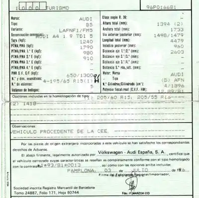 Scrapping Vehicle audi                                               a4 berlina (b5)                                                                                                                                                                                                                                            1.9 tdi                                                                                                                                                                                                                                                    of the year 1996 powered afn