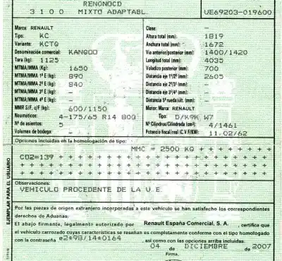 Утилизация автомобиля renault kangoo (f/kc0) 1.5 dci diesel 84 cv / 62 kw года 2007 питание k9k w7