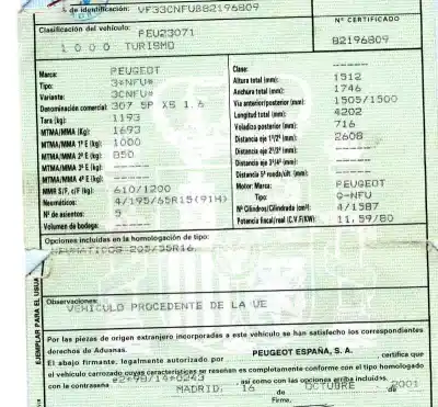 Veículo de Sucata peugeot 307 (s1) xs do ano 2001 alimentado nfu