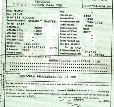 Veículo de Sucata renault master desde ´98 2.8 tdi do ano 2001 alimentado d-s9w