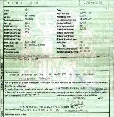 Sloopvoertuig kia carens 1.8 monovolumen van het jaar 2000 aangedreven tb