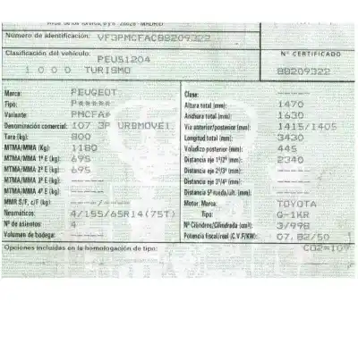 Veicolo di demolizione peugeot 107 1.0 cat (384f) dell'anno 2008 alimentato 1kr