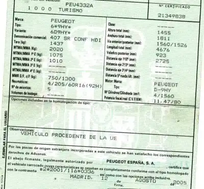 Vehicul casat peugeot 407 sr confort al anului 2005 alimentat 9hy