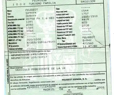 Утилизация автомобиля peugeot 307 break / sw (s1) 1.6 hdi года 2005 питание 9hy