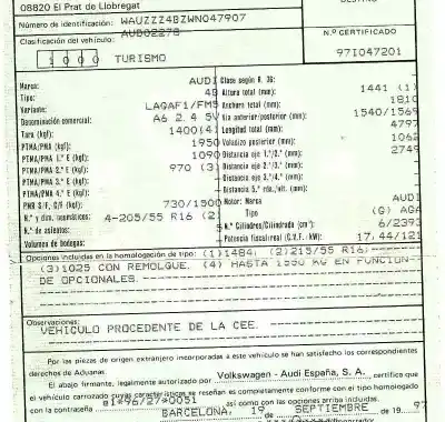 Veículo de Sucata audi a6 berlina (4b2) 2.4 (121kw) do ano 1997 alimentado aga