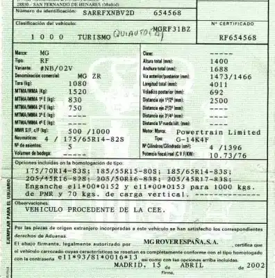 Утилизация автомобиля mg mg zr (f/rf) 1.4 16v cat года 2002 питание 14k4fn63