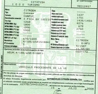 Veículo de Sucata citroen xsara picasso (n68) 1.6 16v do ano 2008 alimentado nfu