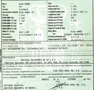 Утилизация автомобиля alfa romeo gt (125) 3.2 24v cat года 2004 питание 936a000