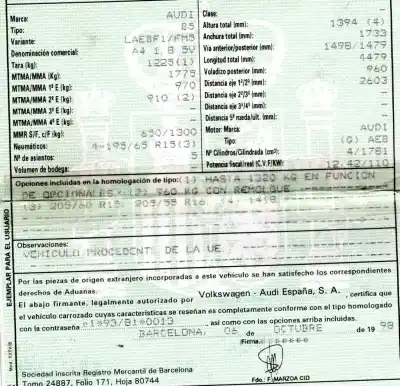 Scrapping Vehicle audi a4 berlina (b5) 1.8 t of the year 1998 powered aeb