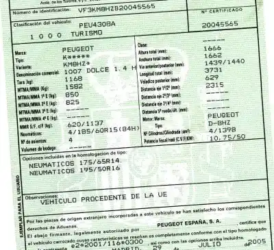 Veículo de Sucata peugeot 1007 dolce do ano 2005 alimentado 8hz