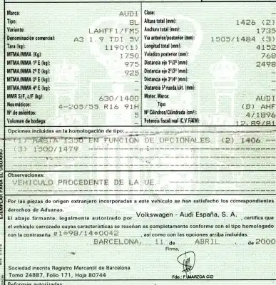 Утилизация автомобиля audi a3 (8l) 1.9 tdi года 2000 питание ahf
