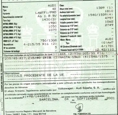 Veículo de Sucata audi a6 berlina (4b2) 1.8 t do ano 2001 alimentado awt