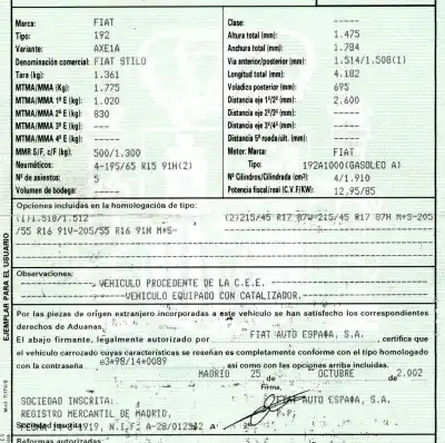 Здавання транспортного засобу fiat                                               stilo (192)                                                                                                                                                                                                                                                1.9 jtd cat                                                                                                                                                                                                                                                року 2003 потужний 192a1000
