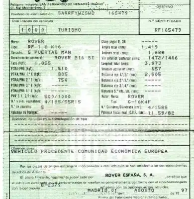 Vehicul casat mg serie 200 (rf) 1.6 cat al anului 1997 alimentat 16k4f