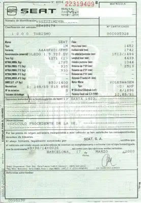 Утилизация автомобиля seat toledo (1m2) select года 2000 питание ahf