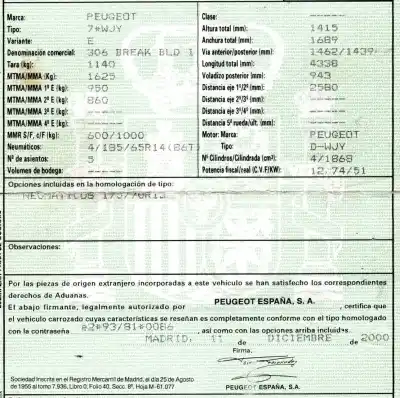 Veículo de Sucata peugeot 306 break 1.9 diesel do ano 2000 alimentado wjy