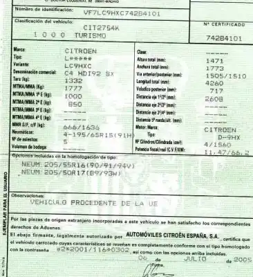 Veicolo di demolizione citroen c4 berlina sx dell'anno 2005 alimentato 9hx