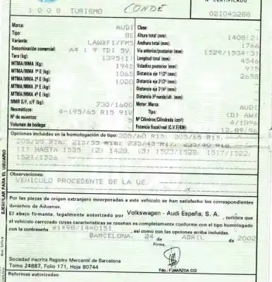 Veículo de Sucata audi a4 berlina (8e) 1.9 tdi (96kw) do ano 2002 alimentado awx