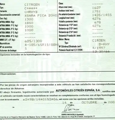 Véhicule à la ferraille citroen xsara picasso (n68) 2.0 hdi de l'année 2003 alimenté rhy