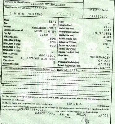 Утилизация автомобиля seat leon (1m1) 1.6 16 v года 2001 питание azd