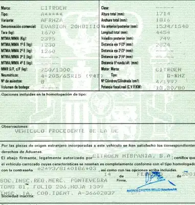 Veículo de Sucata citroen evasion (1994->) 2.0 hdi do ano 2001 alimentado rhz