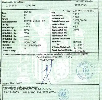 Sloopvoertuig mg serie 200 (rf) 216 si van het jaar 1997 aangedreven 16k4f