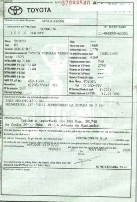 Vehicul casat toyota corolla verso (r1) 2.2 d-4d sol al anului 2006 alimentat 2adftv