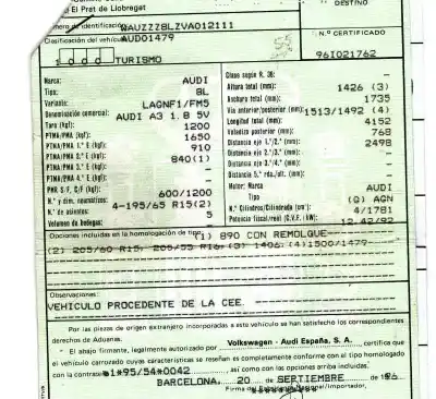 Veículo de Sucata audi a3 (8l) 1.8 ambiente do ano 1996 alimentado agn