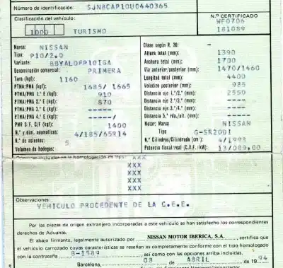 Утилизация автомобиля nissan primera berl./familiar (p10/w10) 2.0 16v cat года 1994 питание sr20di