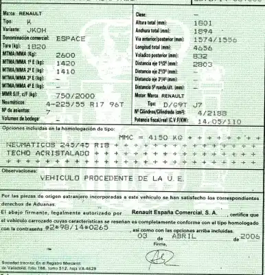 Утилизация автомобиля renault espace iv (jk0) (2002->) 2.2 dci (jk07) года 2006 питание g9t742