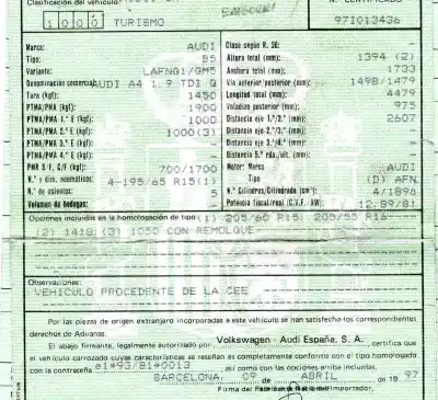 Scrapping Vehicle audi                                               a4 berlina (b5)                                                                                                                                                                                                                                            1.9 tdi                                                                                                                                                                                                                                                    of the year 1997 powered afn