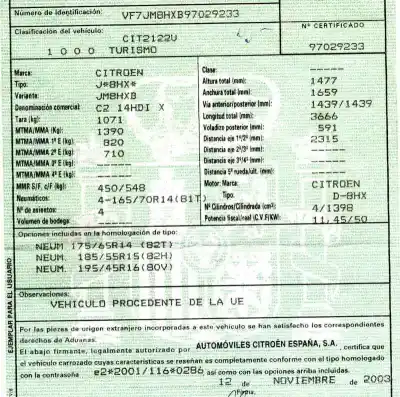 Veículo de Sucata citroen                                            c2 (jm_)                                                                                                                                                                                                                                                   1.4 hdi                                                                                                                                                                                                                                                    do ano 2003 alimentado 8hz