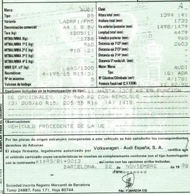 Sloopvoertuig audi a4 berlina (b5) 1.8 van het jaar 1998 aangedreven adr