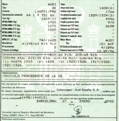 Veículo de Sucata audi a4 berlina (8e) 1.9 tdi (96kw) do ano 2002 alimentado avf