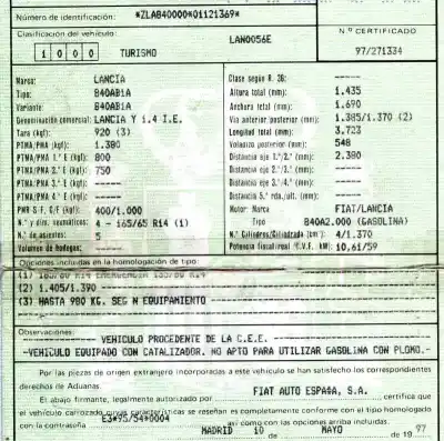 Утилизация автомобиля lancia lancia y 1.4 lx года 1997 питание 840a2000