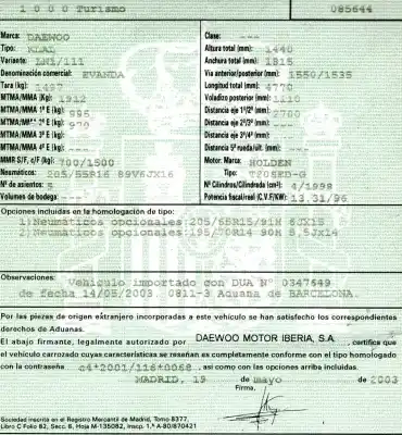 Scrapping Vehicle daewoo evanda (klal) 2.0 of the year 2005 powered t20sed