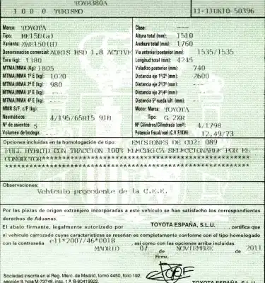 Veicolo di demolizione toyota auris 1.8 16v (híbrido) dell'anno 2011 alimentato 2zr