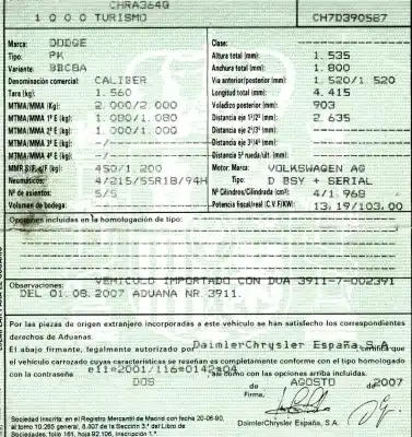 Scrapping Vehicle dodge caliber 2.0 crd of the year 2007 powered bsy