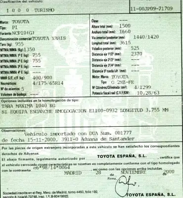 Утилизация автомобиля toyota yaris (ncp1/nlp1/scp1) 1.3 16v cat года 2000 питание 2nzfe