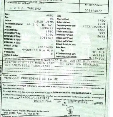 Vehicul casat audi a4 berlina (8ec) 2.0 tdi al anului 2005 alimentat blb