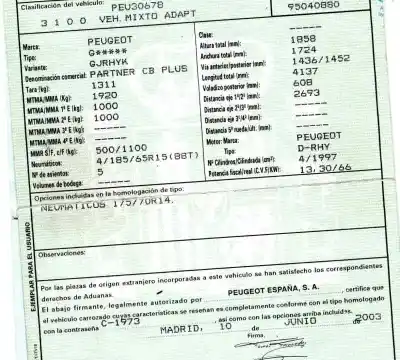 Vehicul casat peugeot partner (s2) combi plus al anului 2003 alimentat rhy