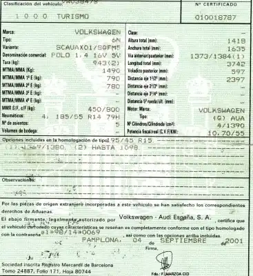 Verschrottungsfahrzeug volkswagen polo berlina (6n2) 1.4 16v des jahres 2001 angetrieben aua